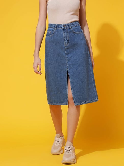 Side Button Detail Slit High Waist Midi Denim Skirt – Anna-Kaci
