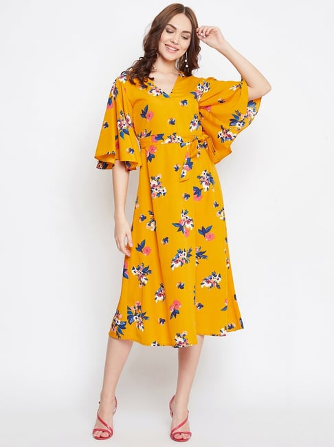 PURYS Yellow Floral Print A-Line Dress-picture-48