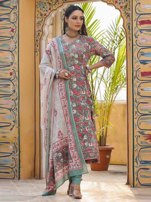 Paisley Cotton Green Floral Print Anarkali Set with Soft Net Dupatta