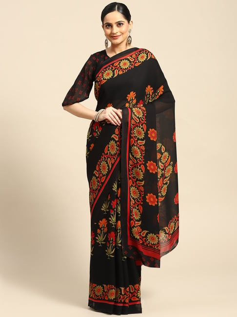 Anouk Black & Blue Floral Print Organza Saree - Absolutely Desi