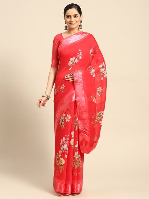Buy Red Chiffon Floral Patterns Chloe Ruffled Pre-draped Saree With Blouse  For Women by SANAM Online at Aza Fashions.