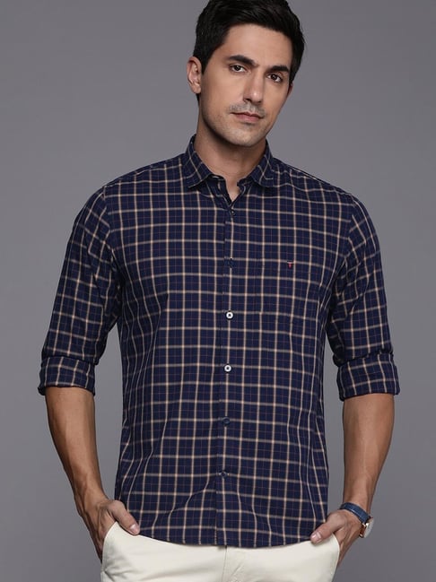 Buy Louis Philippe Sport Navy Cotton Slim Fit Checks Shirt for