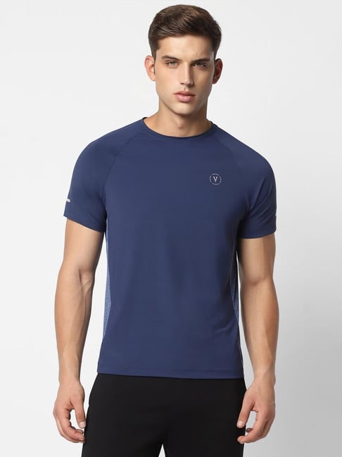 Buy Van Heusen Flex Navy Cotton Slim Fit Texture T-Shirt for Mens