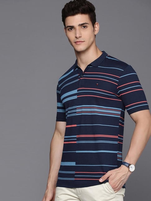Buy Louis Philippe Sport Navy Cotton Slim Fit Striped Polo T-Shirt