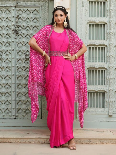 SCAKHI Pink Embellished Ready To Wear Saree Cape & Belt