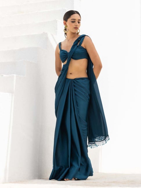 KARAGIRI Womens Cotton Blue Saree With Blouse Piece : Amazon.in: Fashion