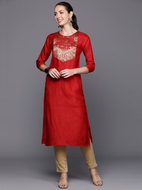 Indo Era Red Printed Straight Kurta-image-44