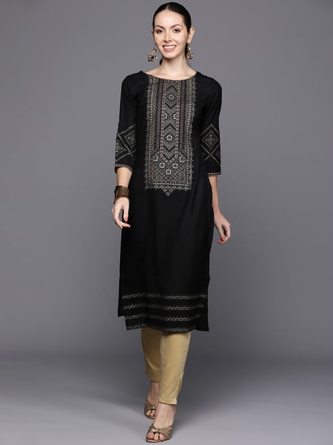 Indo Era Black Cotton Printed Straight Kurta-image-32