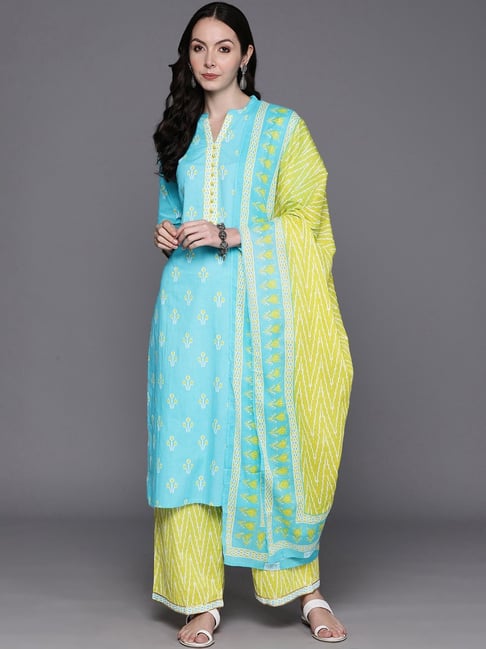 Buy Blue Pure Cambric Cotton Printed Kurta Set With Dupatta at Best Price