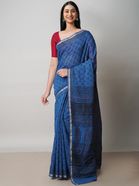 BLUE - SLUB COTTON SAREE WITH BATIK PRINTS