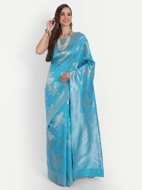 Lake Blue Woven Kanjivaram Silk Saree - Urban Womania