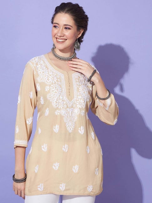 Buy Ethnava Beige Embroidered Straight Short Kurti for Women