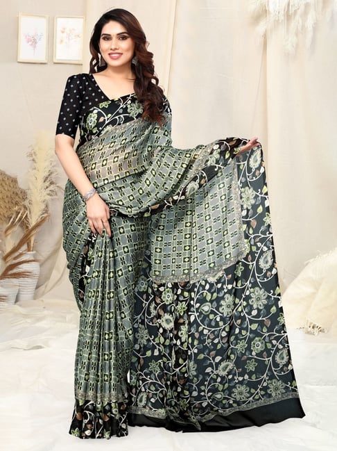 MIRCHI FASHION Greenish Grey Printed Saree With Unstitched Blouse Piece-picture-22