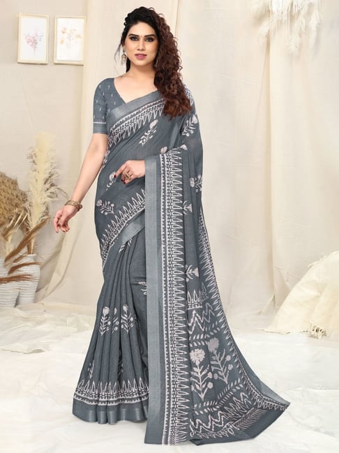 Best embroidered designer gray color silk saree with contrast blouse.
