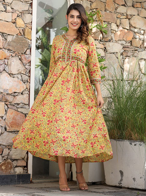 green emerald velvet dress Shop Mustard Fit And Flare Dress With Ruffle - for Women | OUTZIDR main image 1