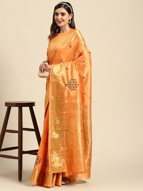 Orangish Yellow Block Printed Linen Saree with Mango Motifs - Desically  Ethnic