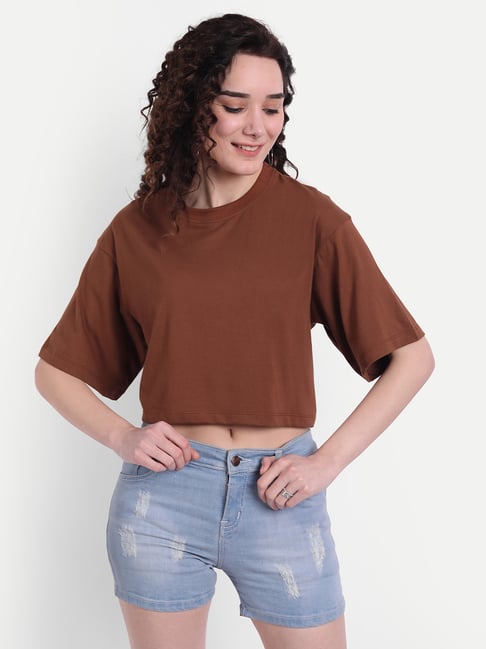 COLOR CAPITAL Brown Cotton Crop Top