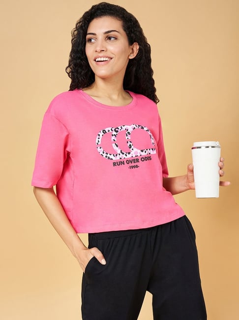Ajile by Pantaloons Pink Cotton Graphic Print Sports T-Shirt-picture-188