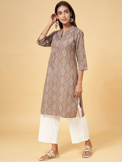 Rangmanch by Pantaloons Brown Cotton Printed Straight Kurta