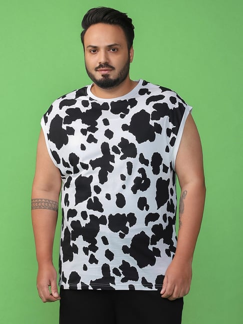 Bewakoof Men's White Black Cow Printed Oversized Plus Size Vest