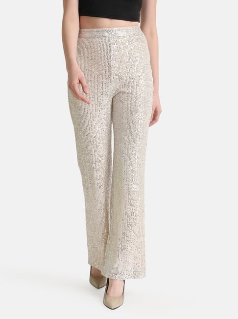 Kazo Silver Embellished High Rise Flared Fit Pants