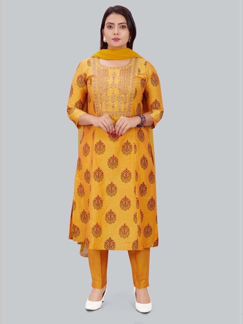 Buy Cotton Culture Cotton Culture Mustard Embroidered Kurta Pant Set ...