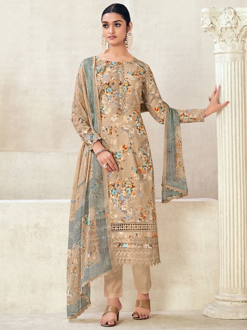 Stylee LIFESTYLE Beige Cotton Printed Unstitched Dress Material