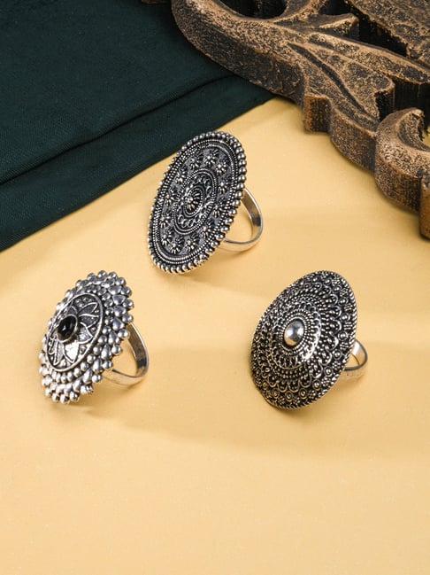 Priyaasi Floral Mirror Oxidised Silver Ring Set of 3