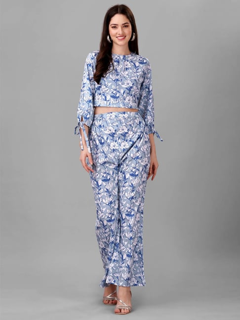 Buy Eshaa Amiin Leaf Print Top with Pants Set | Blue Color Women | AJIO LUXE