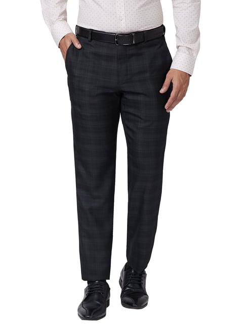 Park Avenue Black Regular Fit Check Flat Front Trousers-picture-24