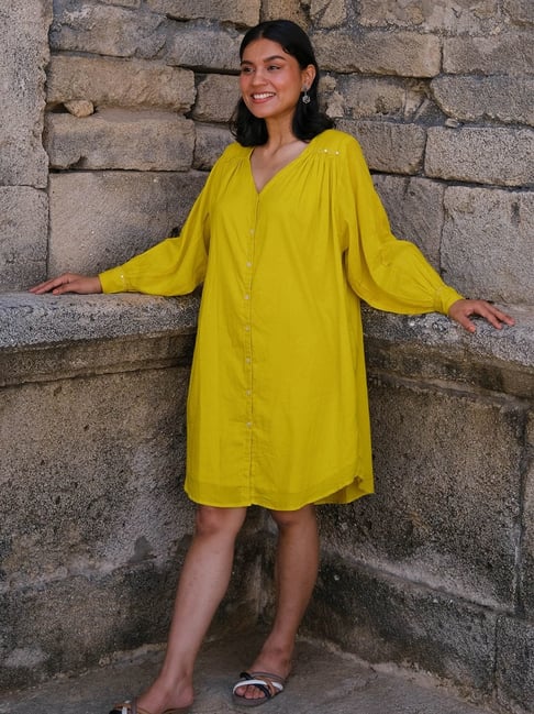 Okhai Golden Amaltas Yellow Hand Embroidered Shirt Dress With Belt