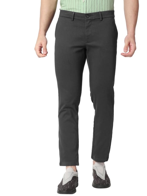 Basics Dark Grey Cotton Tapered Fit Trousers
