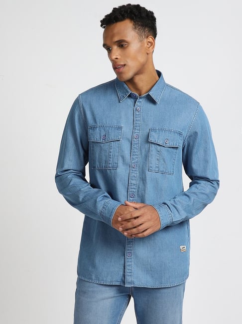 Bare Brown Denim Shirt, Slim Fit with Full Sleeves - Light Denim Blue | Tea  & Tailoring