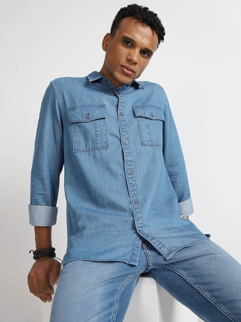 Lee Blue Cotton Regular Fit Denim Shirt