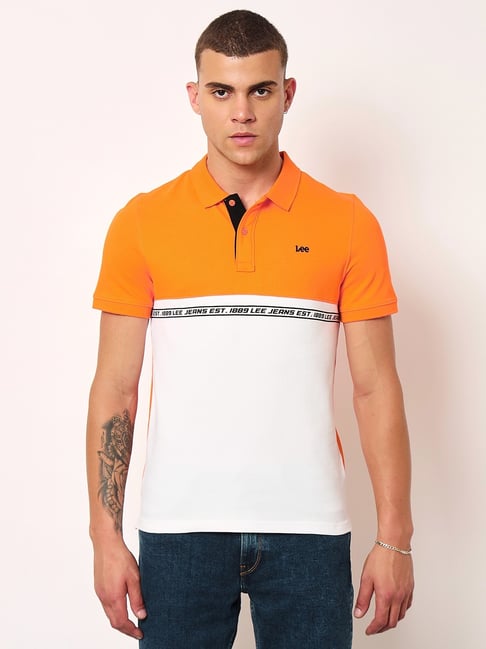 Lee Orange White Cotton Slim Fit Colour Block Polo T-Shirt