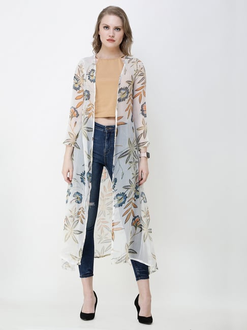 Buy Scorpius White Floral Print Long Shrug for Women Online Tata - Main Image