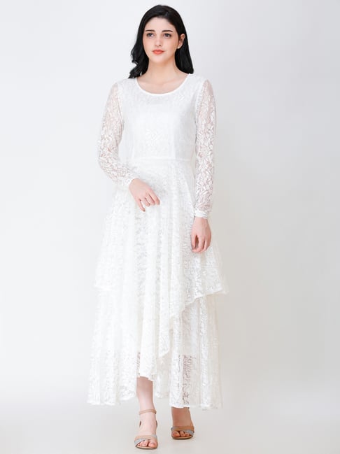 white lace dress online india Buy Elegant White Lace and Net Gown for Girls with 3D Floral Waist Appliqueand Half Sleeves Gown Online in India Inayah Fashion