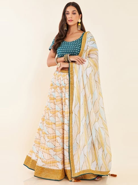 Sky blue collared blouse, mustard brocade lehenga – Sapana Amin