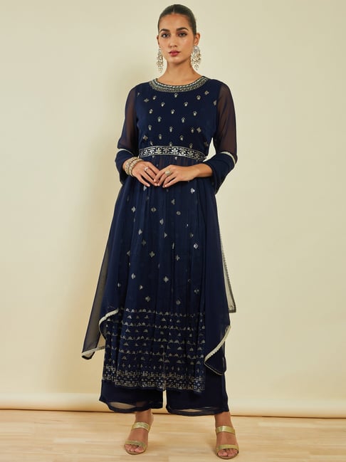 Buy Navy Blue Cotton Slim Fit Kurta with Jacket for Women Online @ Tata  CLiQ Luxury