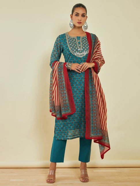 Buy Beige Chanderi Suit Set With Dupatta For Women at Best Price From Soch