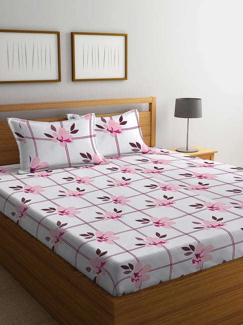 Klotthe Floral White & Pink 300 TC Cotton Blend King Bed Sheet with 2 Pillow Covers-picture-30