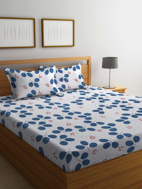 Klotthe Printed White & Blue 300 TC Cotton Blend King Bed Sheet with 2 Pillow Covers-picture-24