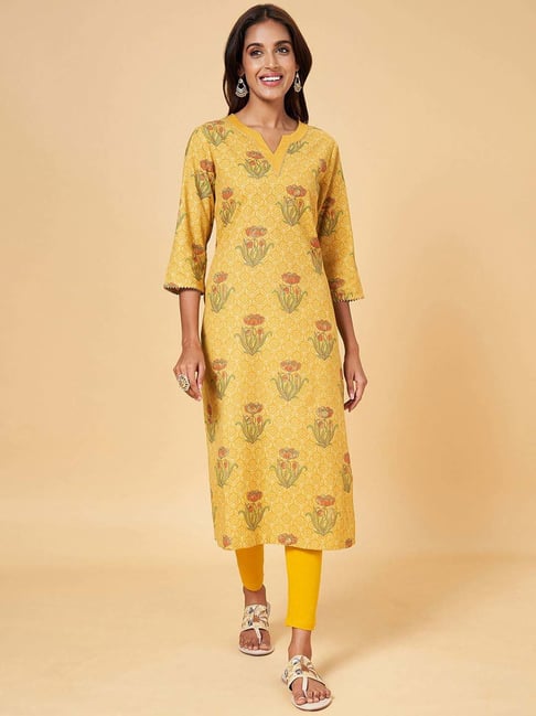 Buy Rangmanch by Pantaloons Mustard Cotton Printed Straight Kurta for Women  Online @ Tata CLiQ