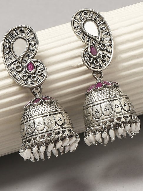 Fida Oxidised Silver Mirror Studded Floral Jhumka Earring For Women