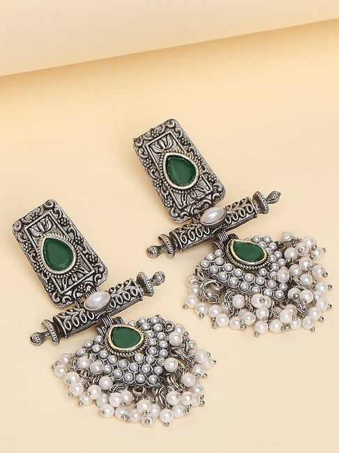 Green stone studded circular Oxidised Earrings with hanging Pearls –  StylishKudi