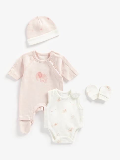 Mothercare Kids Peach Off White Printed Sleepsuit, Bodysuit, Cap with  Mittens