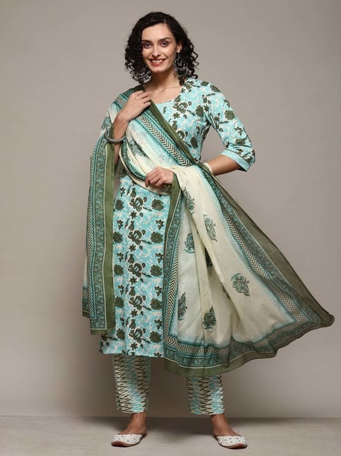 Buy Biba Green Cotton Printed Unstitched Dress Material for Women