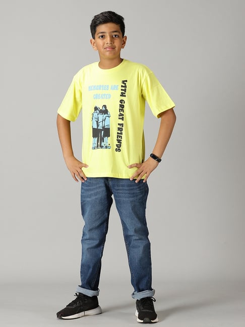 Kiddopanti Kids Lime Green Blue Printed T-Shirt with Jeans