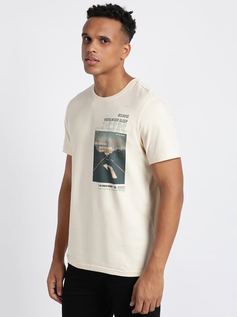 Printed Crew Neck T-shirt, Beige