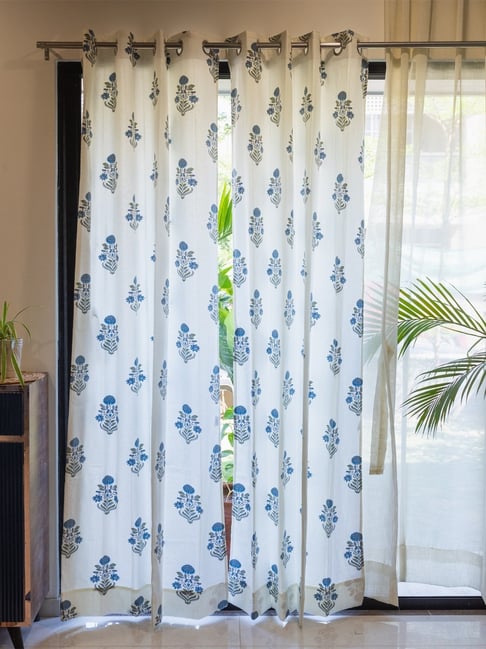 Urban Space Floral White & Blue Cotton 8 FT Long Door Curtains - Set of 2
